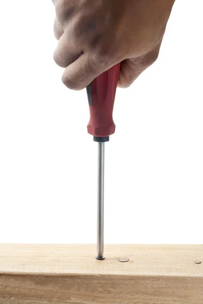 Screw and screwdriver in wood — Stock Photo, Image