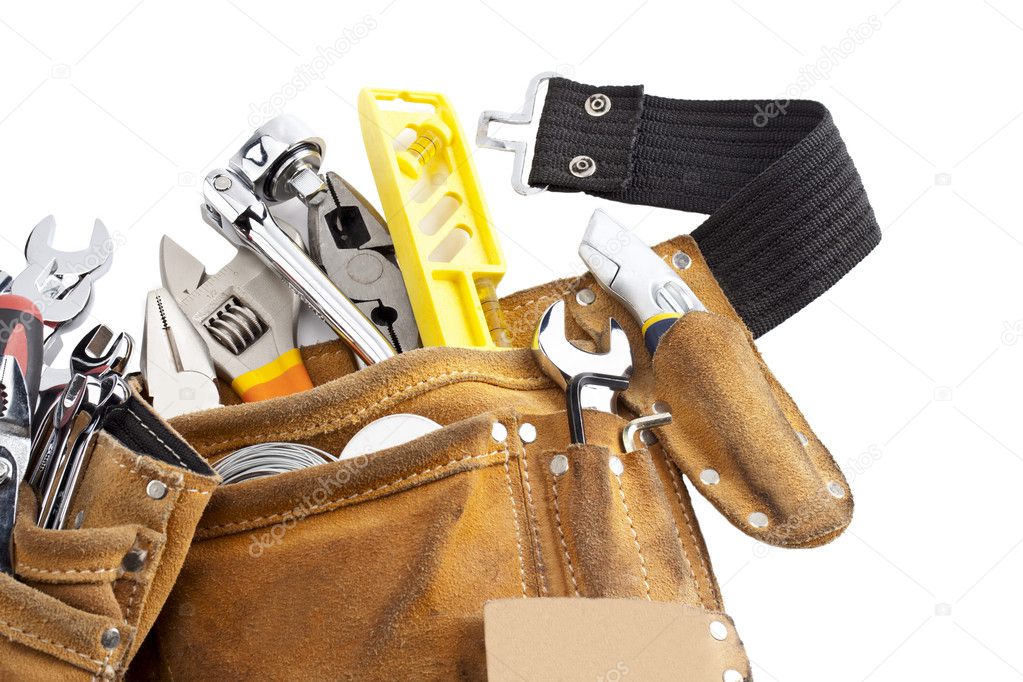 Tool belt with work tools on white background