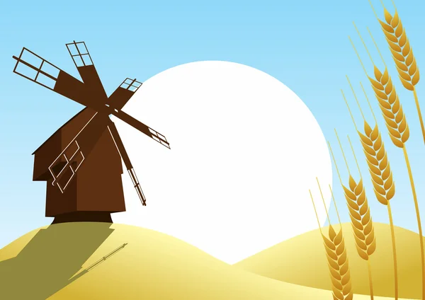 Mill on the background of the wheat fields-1 — Stock Vector