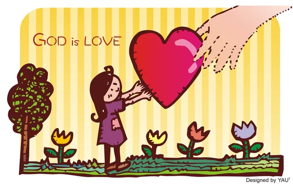 God is liefde met de hand op de achtergrond van de bloem en de boom — Stockfoto
