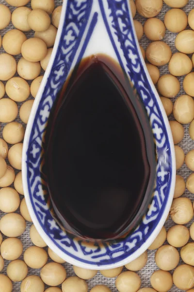 Soy sauce with soy beans Stock Photo