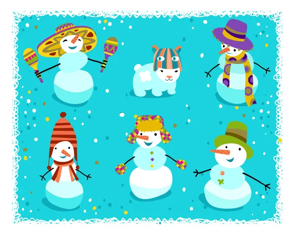 Group of snowmen with cute details — Stock Vector