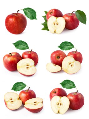 Set red apple fruits with leaf isolated clipart