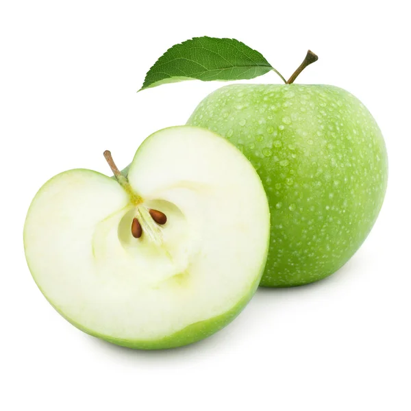 Frutas de manzana verde y la mitad de manzana y hojas verdes —  Fotos de Stock