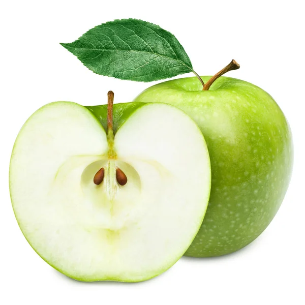 Frutas verdes de maçã e metade de maçã e folhas verdes — Fotografia de Stock