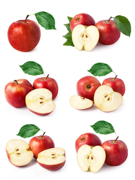 Σετ κόκκινο μήλο φρούτα με φύλλα που έχουν απομονωθεί — Φωτογραφία Αρχείου