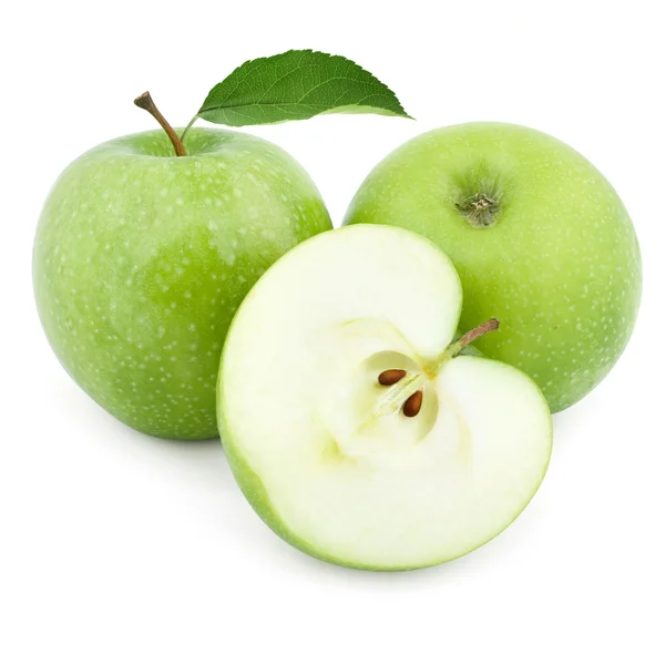 Duas maçãs verdes e metade de maçã — Fotografia de Stock