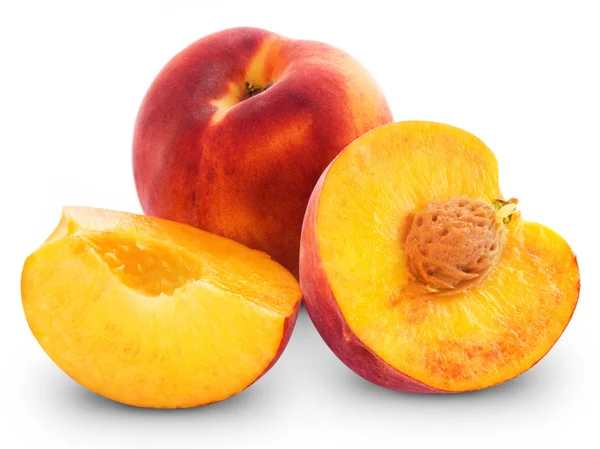 Fresh peach fruits and half — Stock Photo, Image