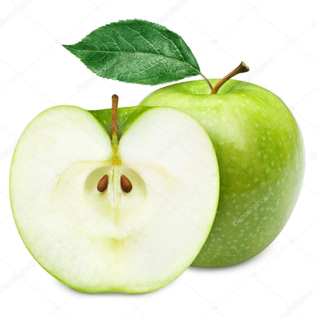 Green apple fruits and half of apple and green leaves