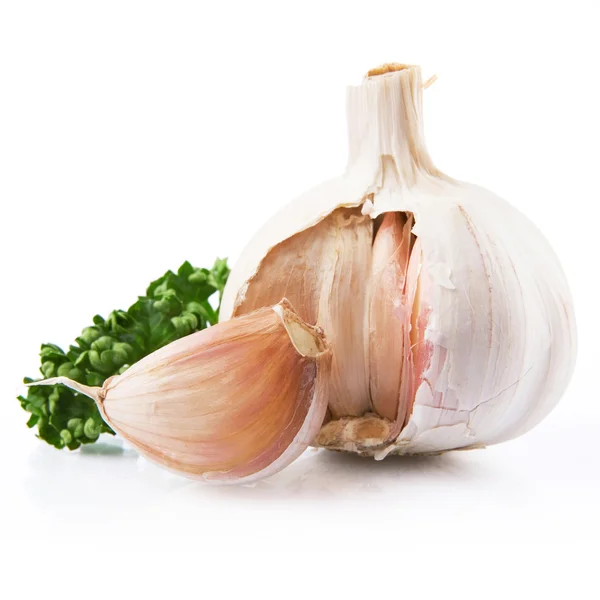 stock image Garlic decorated parsley leaves isolated on white background