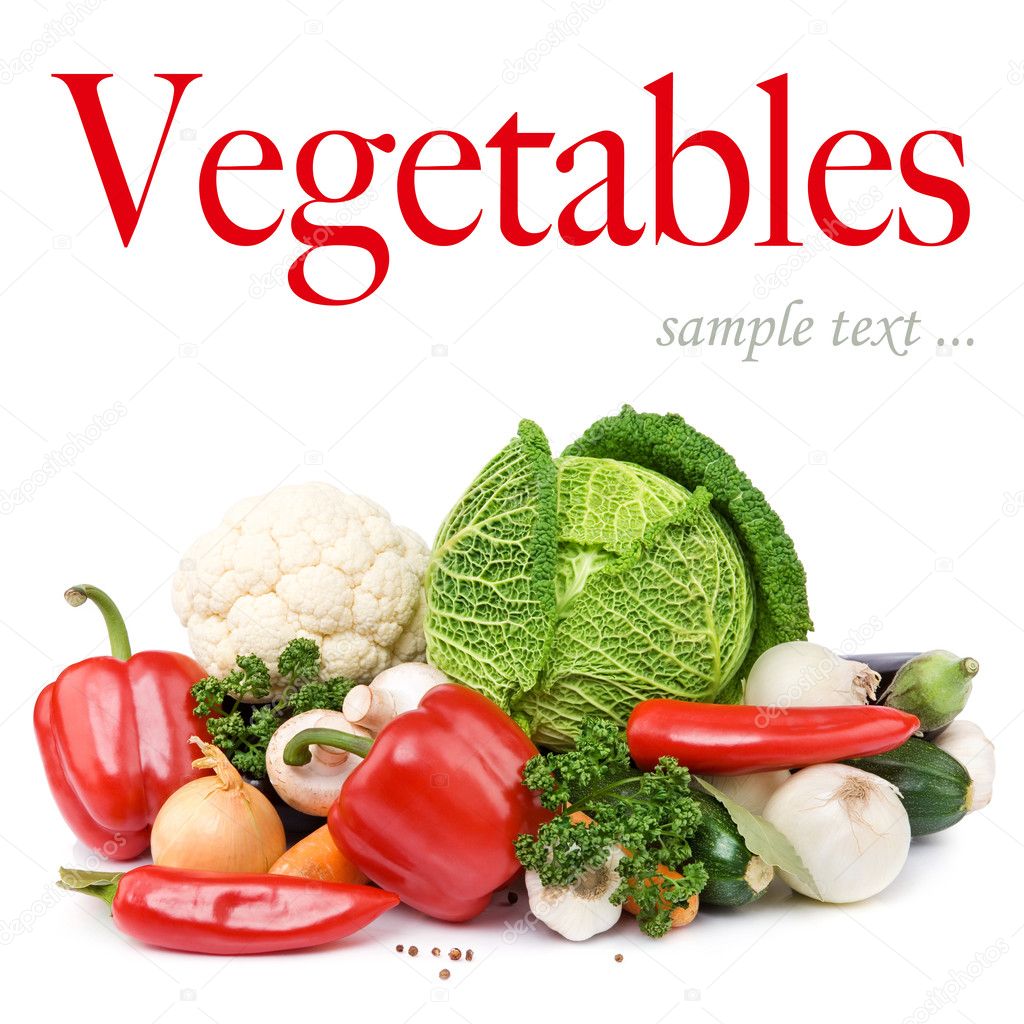 Composition with variety of raw fresh organic vegetables. Isolated over white background