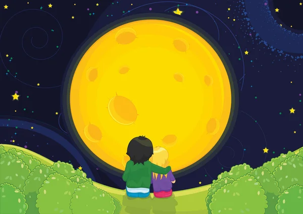 Ay ışığı altında oturan çocuklar illüstrasyon vektör — Stok Vektör