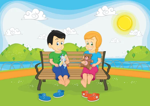 Niños sentados en el banco vector ilustración — Vector de stock