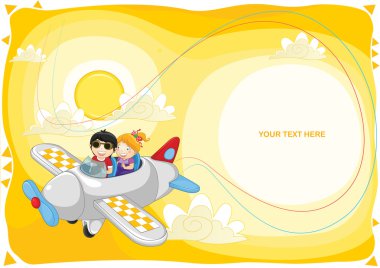 Kids flying by plane over yelllow sky vector illustration clipart