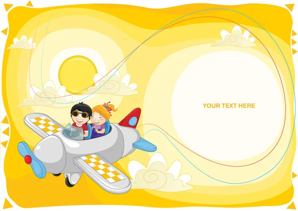 Kinder fliegen mit dem Flugzeug über gelblichen Himmelsvektor Illustration — Stockvektor