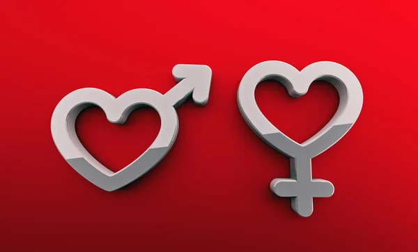 Símbolos de gênero em um fundo vermelho — Fotografia de Stock