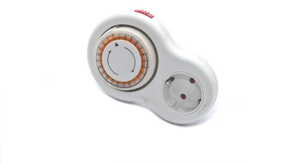 Velho e pó relógio branco temporizador com interruptor vermelho e um tempo laranja — Fotografia de Stock