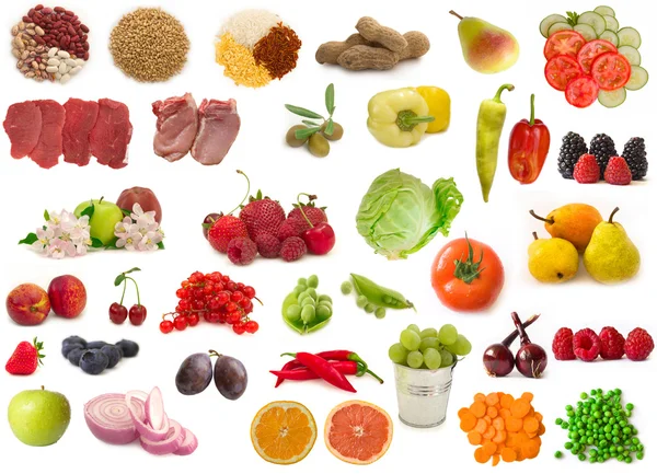 Велика колекція сирої їжі, фрукти, овочі та м'ясо — стокове фото
