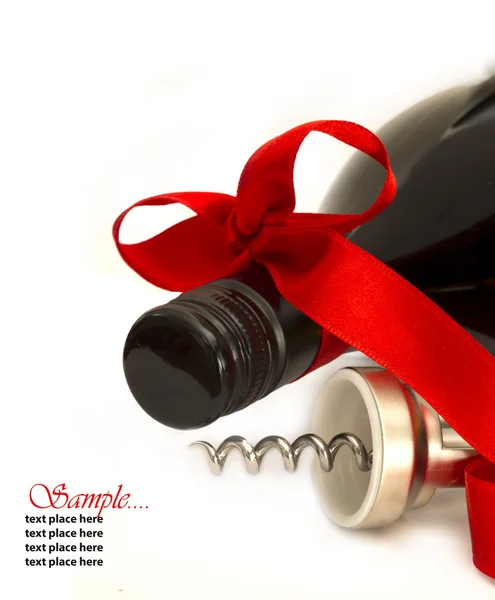 Wine with red bow and corkscrew — Stock Photo, Image
