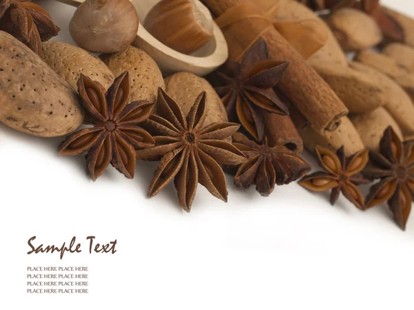 Different kinds of nuts spices and decoration with place for your text — Stock Photo, Image