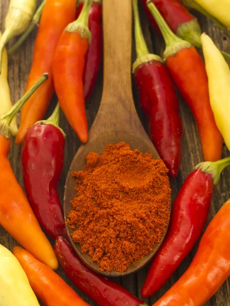 Hot chilli papričky s kořením v lžíci na dřevěné pozadí — Stock fotografie