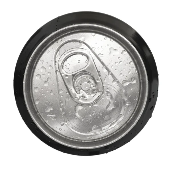 Topo de uma lata não aberta com gotas de água — Fotografia de Stock