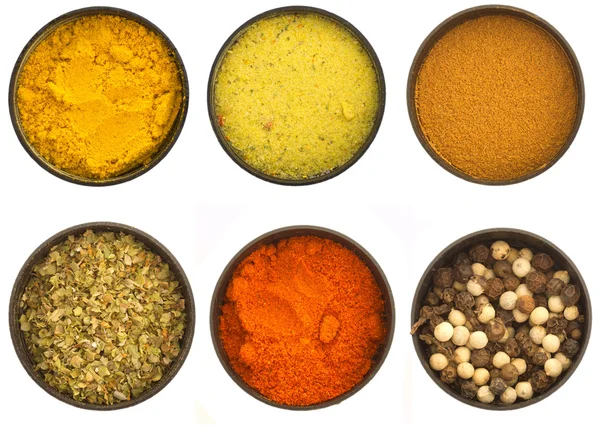 Olika kryddor i cirkel maträtter — Stockfoto