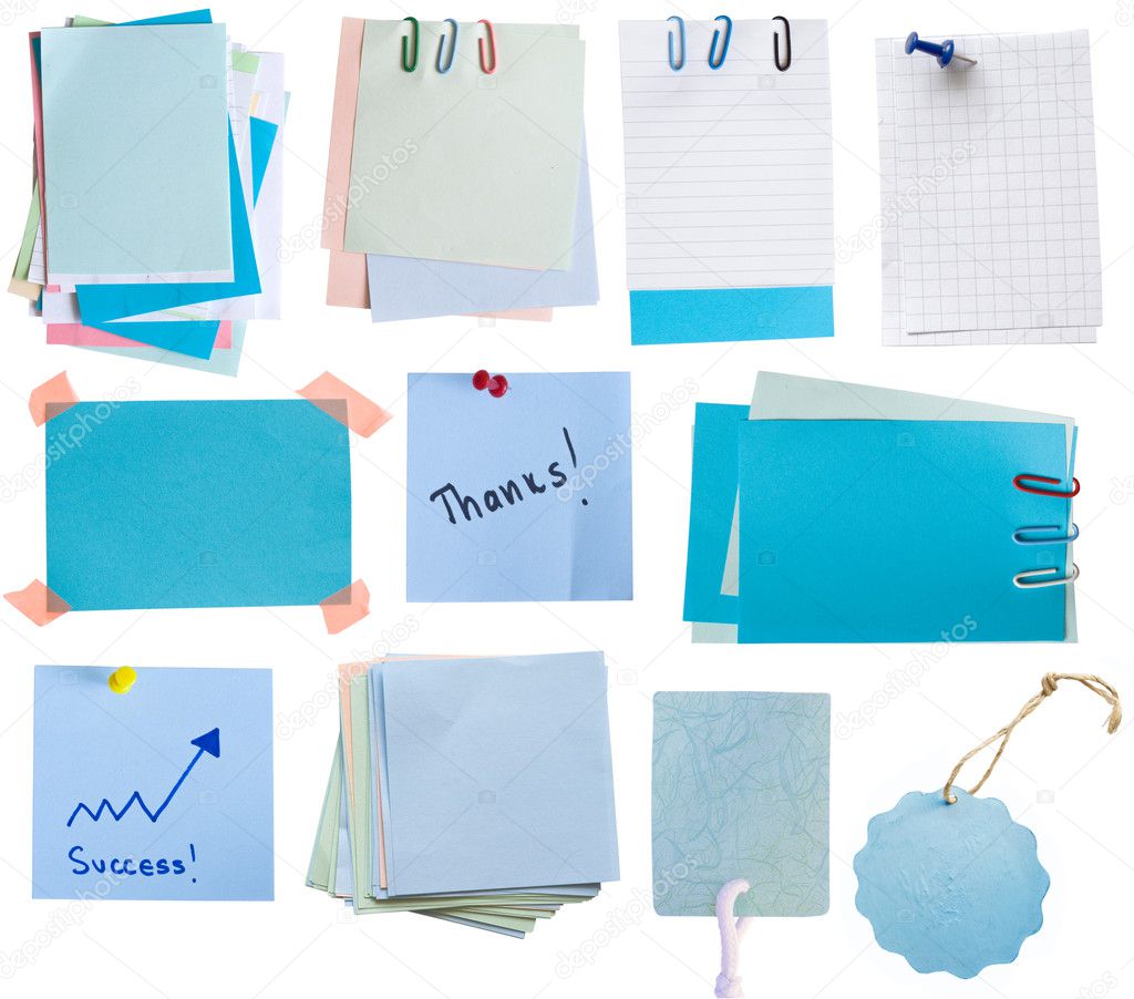 Collection of blue paper notes and tags