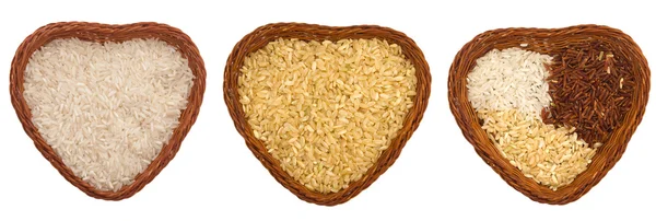Rice in the heart shape dishes, collection — Stock Photo, Image