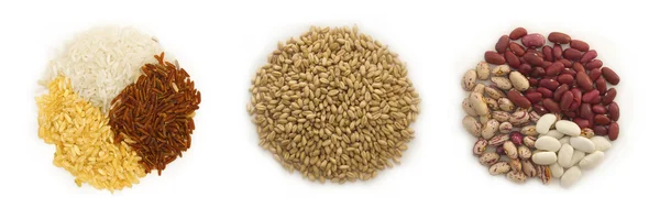 Pšenice, rýže a fazole v kruzích, izolované na bílém — Stock fotografie