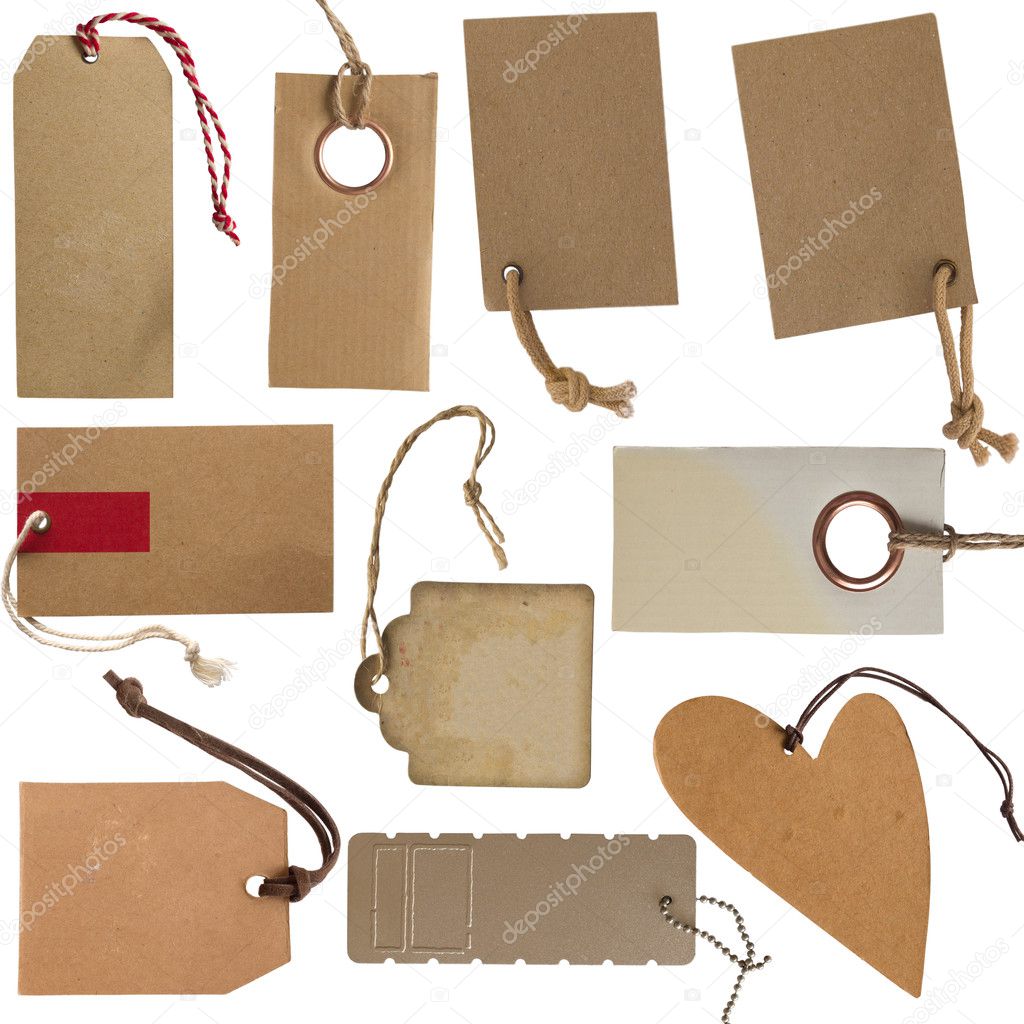Collection of cardboard corrugated paper tags or labels