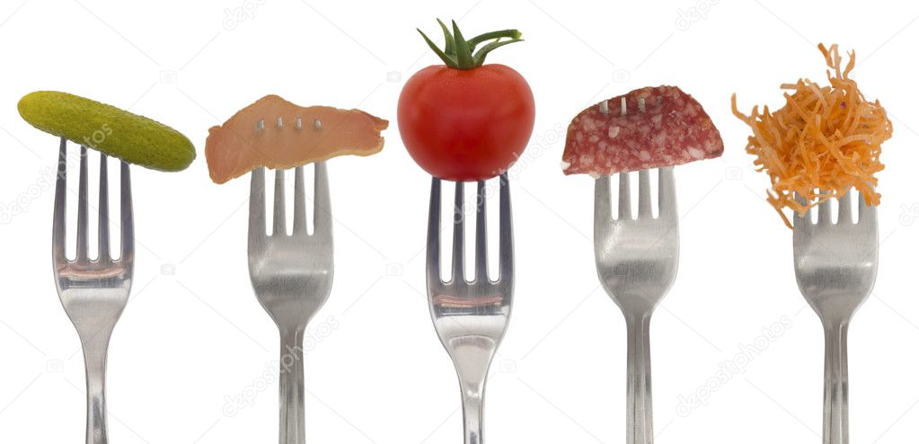 Collection of forks with vegetables and ham