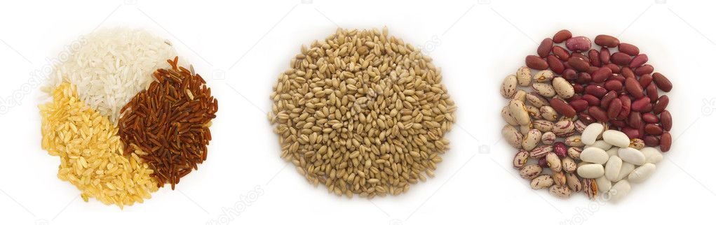 Wheat, rice and beans in the circles isolated over white