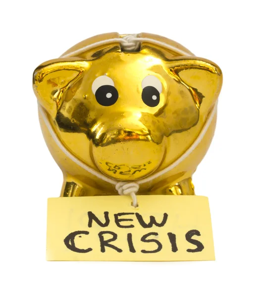 Piggy bank with New Crisis note — Stock Photo, Image