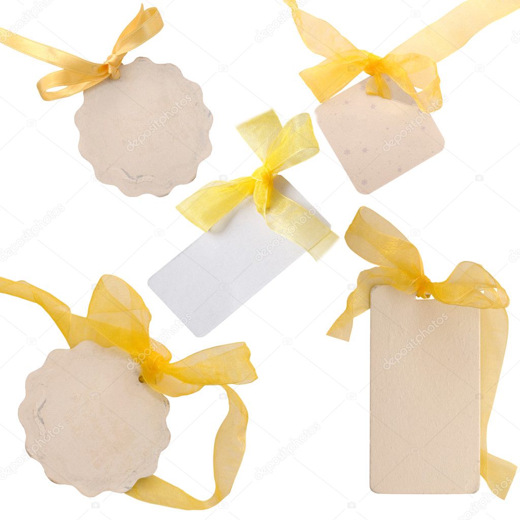 Collection of various tags with yellow ribbons
