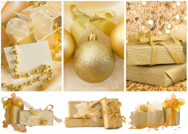 Golden holiday arrangement with gift box — Stock Photo, Image