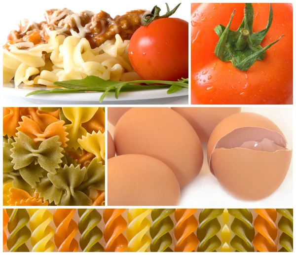 Pasta collage, italian pasta with meat and tomato — Stock Photo, Image