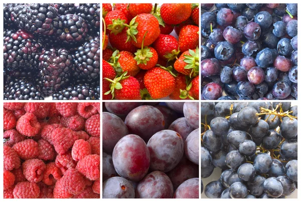 Koláž z modré a červené ovoce — Stock fotografie