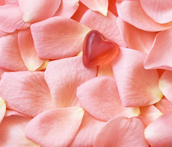 Gummiherzen auf Rosenblättern — Stockfoto