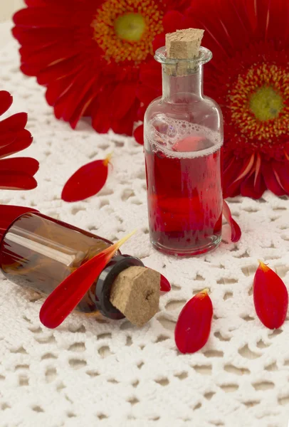 Kosmetika v lahvích s květy červených gerber — Stock fotografie