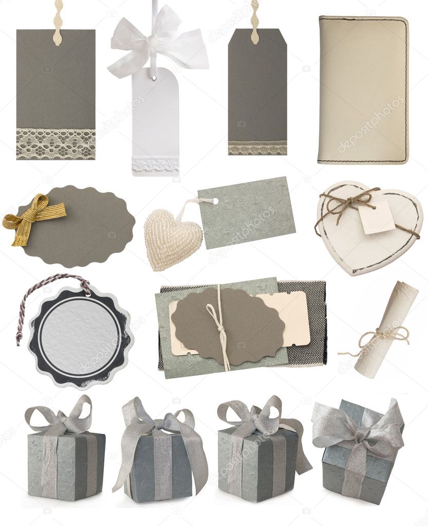 Collection of gray tags and gift boxes