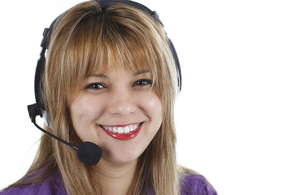 Portrait of friendly secretary/telephone operator wearing headset — Stock Photo, Image