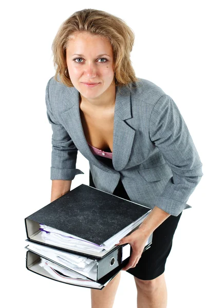 Young businesswoman lifting notepads — Stock Photo, Image