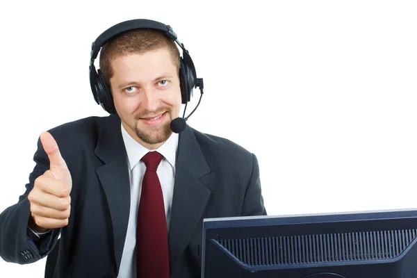 Man in suit with headset and thumb up — Stock Photo, Image