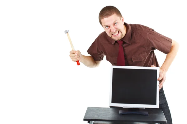 Homem furioso destruindo monitor — Fotografia de Stock