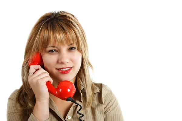 Attractive blond woman with red retro telephoe — Stock Photo, Image