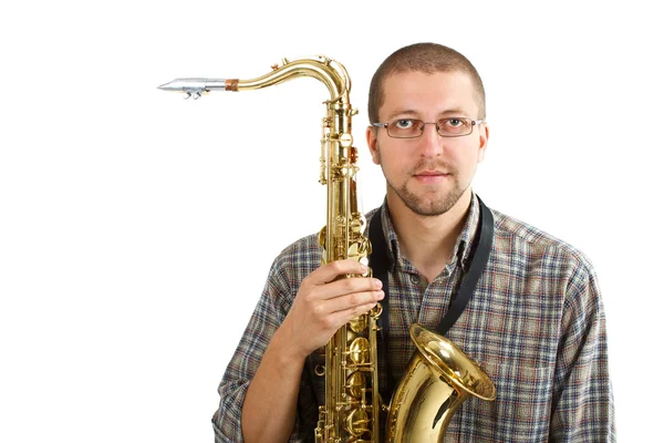 Ung man med sin saxofon — Stockfoto