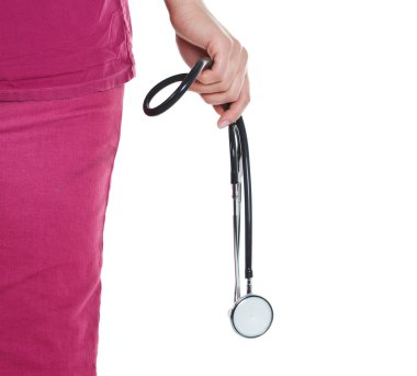 Hand of female doctor holding stethoscope clipart