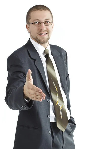 Een zakenman met een open hand klaar om een deal te sluiten. — Stockfoto