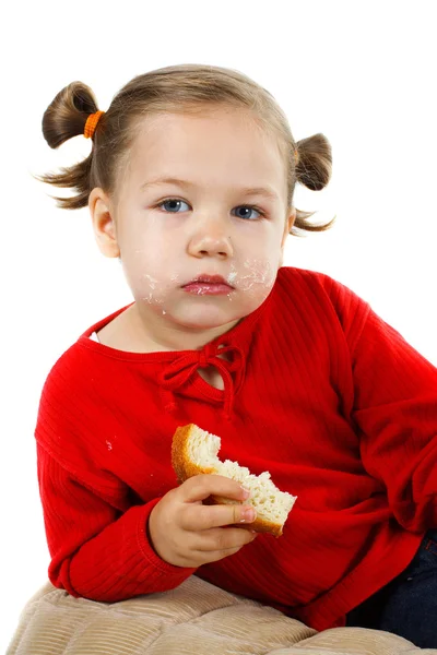 빵과 버터와 귀여운 소녀 — 스톡 사진